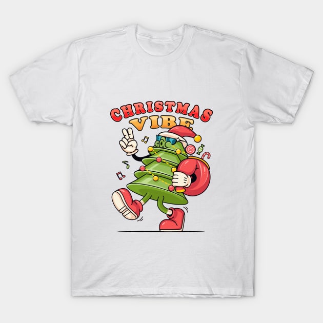 Christmas vibe. Christmas tree cartoon mascot carries a bag of gifts T-Shirt by Vyndesign